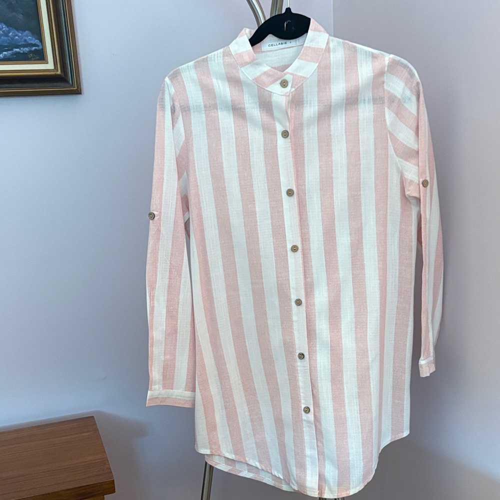 Women's Pink and White Striped Cotton Button-Down Shirt